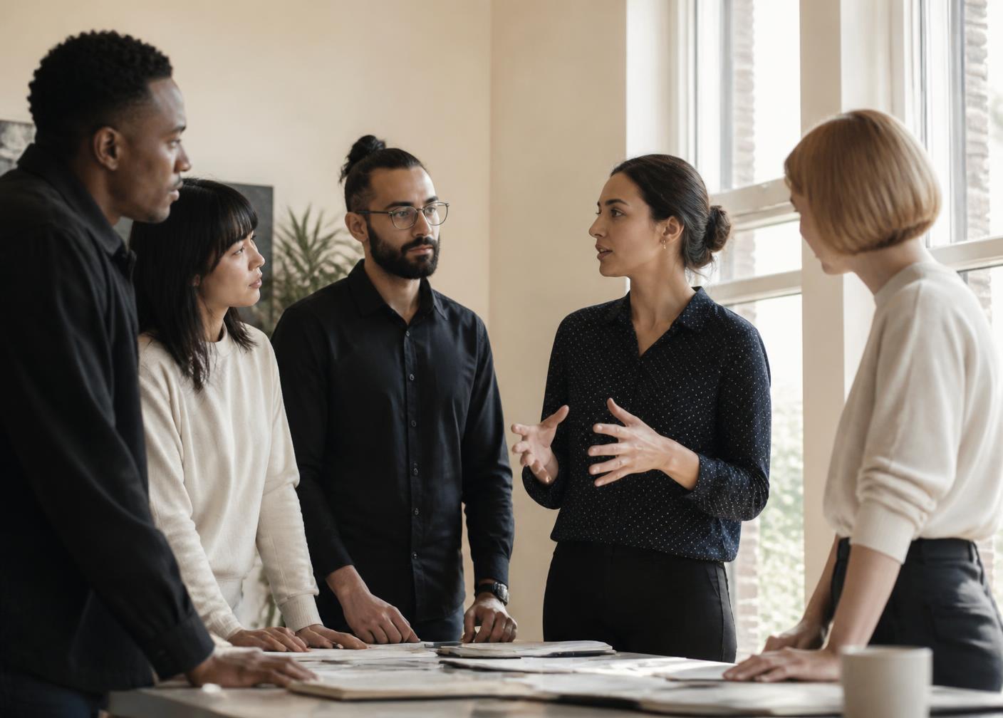 A QueenCity Group team standing around a table during a morning briefing